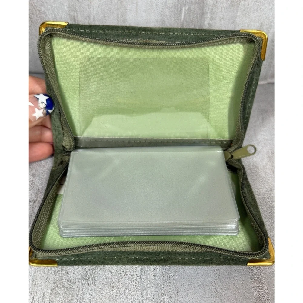 English Leather Green Suede Zip Around Card Holder Wallet Gold Corners Vintage
